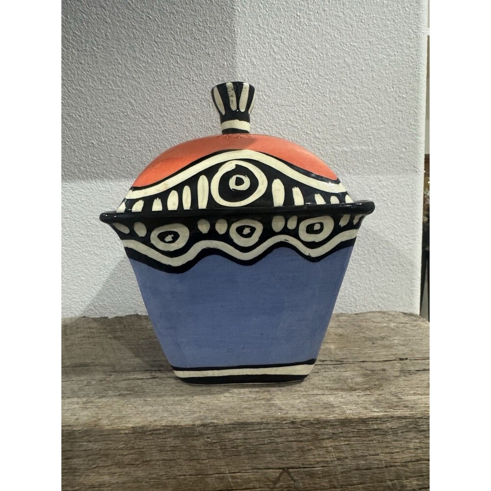 Hand Painted Ceramic Lidded Jar Canister Blue Orange Black White Geometric